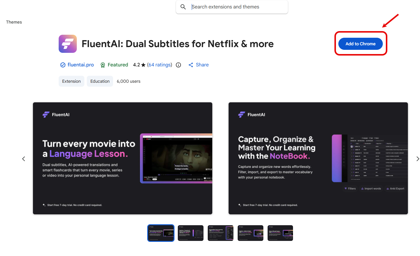 Chrome ウェブストアのFluentAI拡張機能ページ